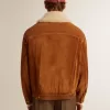 Giacca da uomo in pelle scamosciata color tabacco con collo in shearling