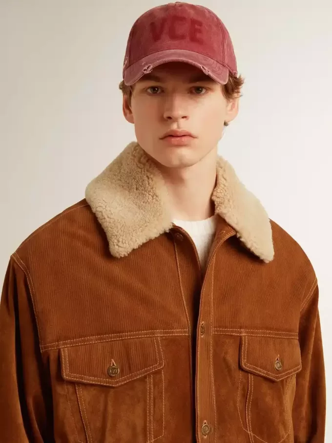 Giacca da uomo in pelle scamosciata color tabacco con collo in shearling