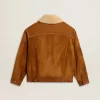 Giacca da uomo in pelle scamosciata color tabacco con collo in shearling
