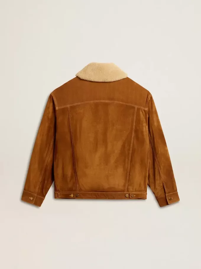 Giacca da uomo in pelle scamosciata color tabacco con collo in shearling
