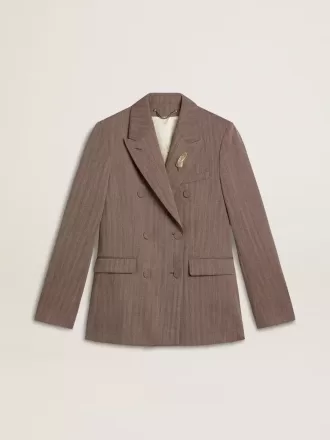 Giacca doppiopetto da donna in misto lana beige a zig zag