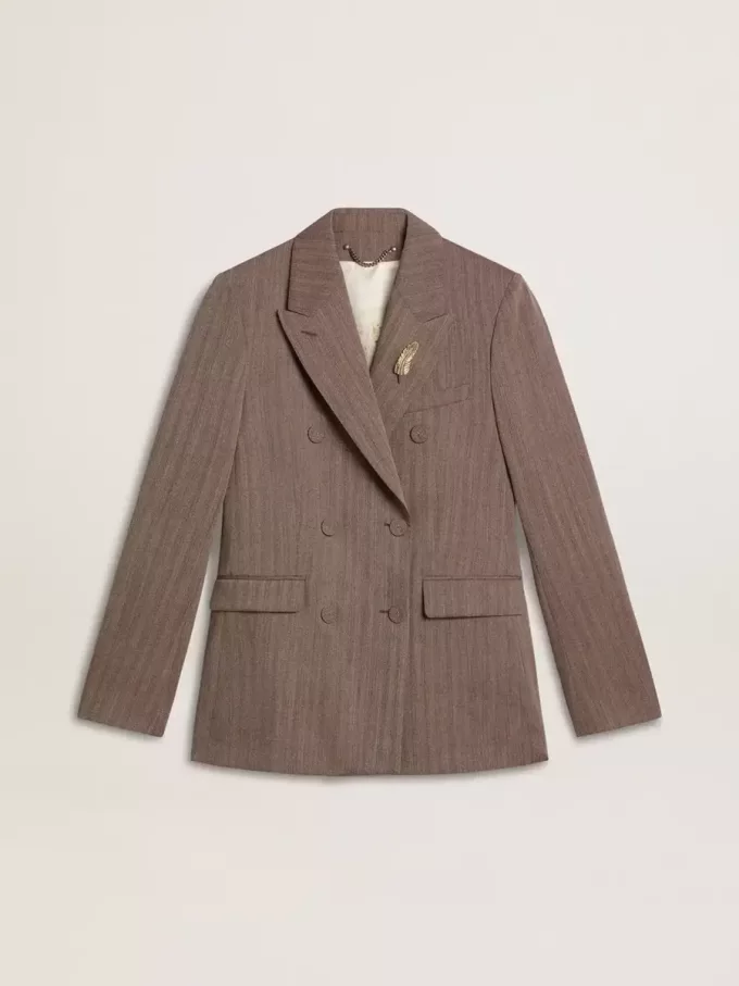 Giacca doppiopetto da donna in misto lana beige a zig zag Giacca doppiopetto da donna in misto lana beige a zig zag