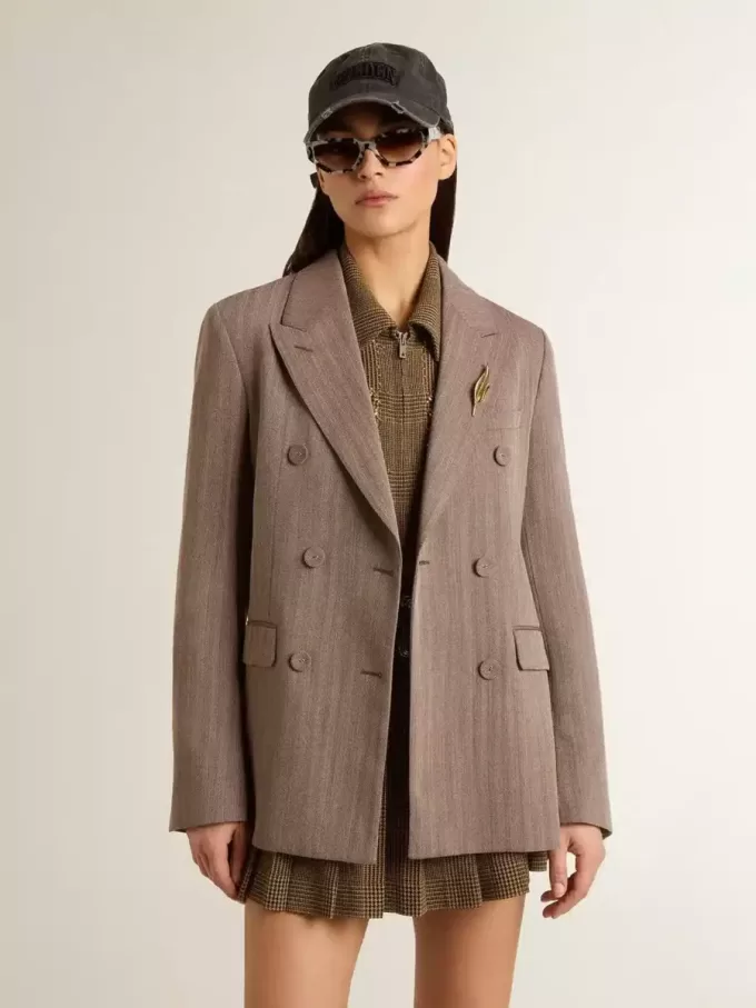Giacca doppiopetto da donna in misto lana beige a zig zag Giacca doppiopetto da donna in misto lana beige a zig zag
