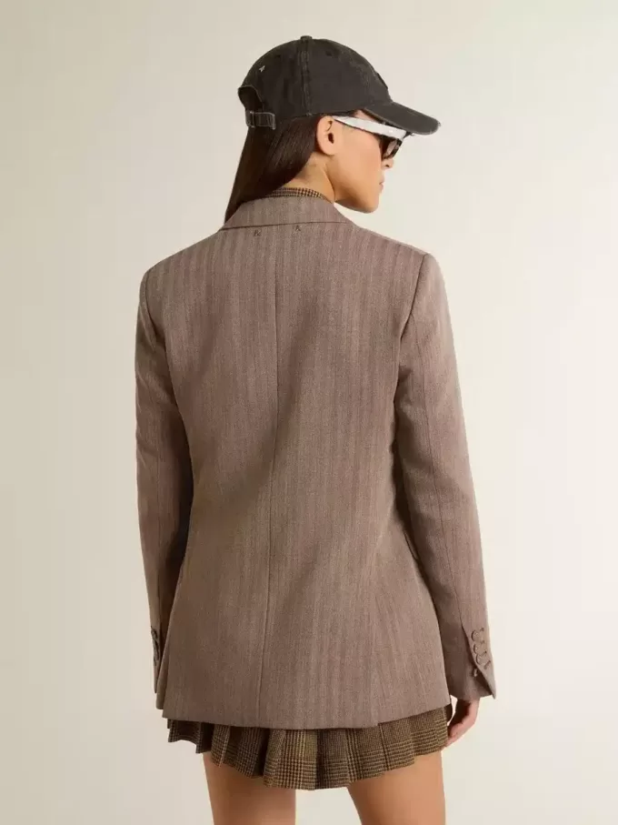 Giacca doppiopetto da donna in misto lana beige a zig zag Giacca doppiopetto da donna in misto lana beige a zig zag