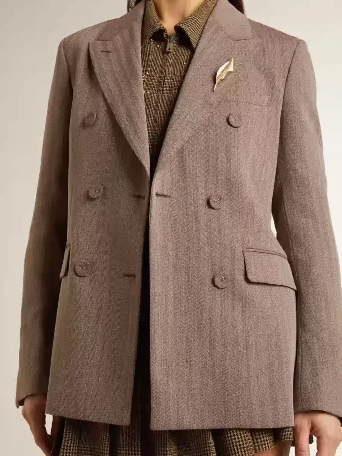 Giacca doppiopetto da donna in misto lana beige a zig zag Giacca doppiopetto da donna in misto lana beige a zig zag