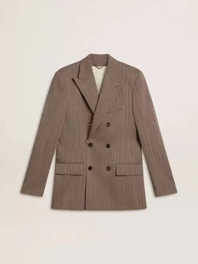 Giacca doppiopetto da uomo in misto lana beige a zig zag Giacca doppiopetto da uomo in misto lana beige a zig zag