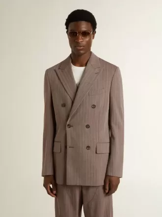 Giacca doppiopetto da uomo in misto lana beige a zig zag