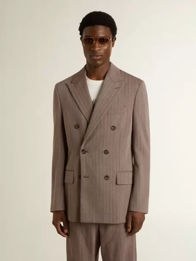 Giacca doppiopetto da uomo in misto lana beige a zig zag Giacca doppiopetto da uomo in misto lana beige a zig zag