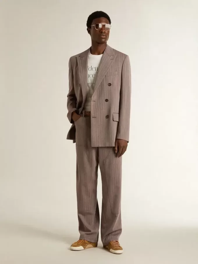 Giacca doppiopetto da uomo in misto lana beige a zig zag Giacca doppiopetto da uomo in misto lana beige a zig zag