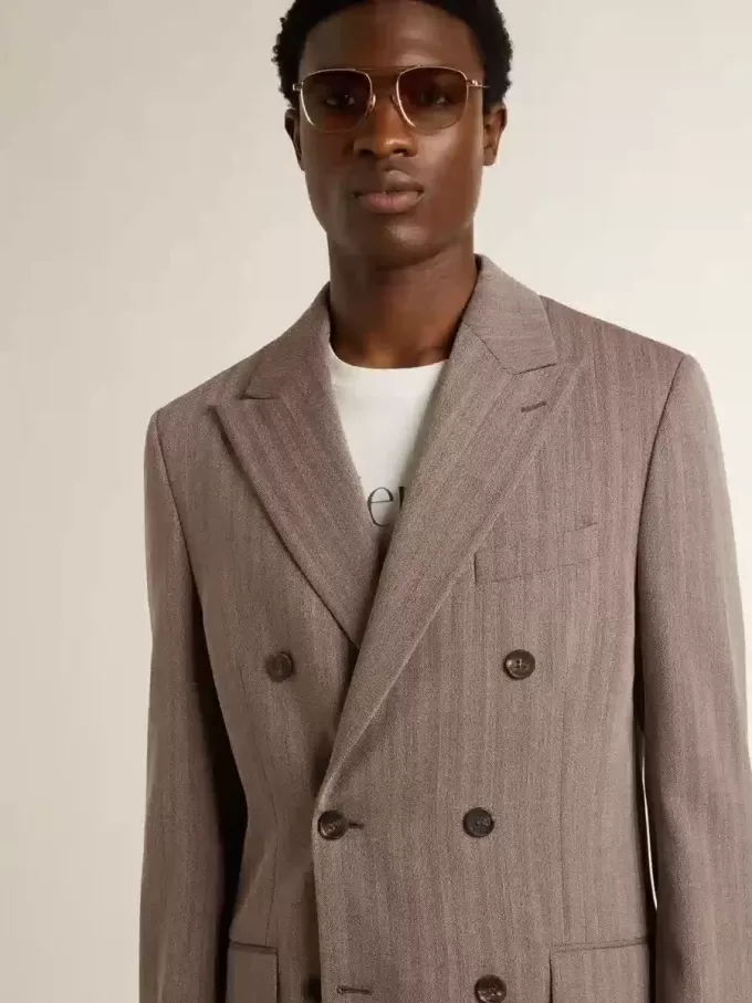 Giacca doppiopetto da uomo in misto lana beige a zig zag Giacca doppiopetto da uomo in misto lana beige a zig zag
