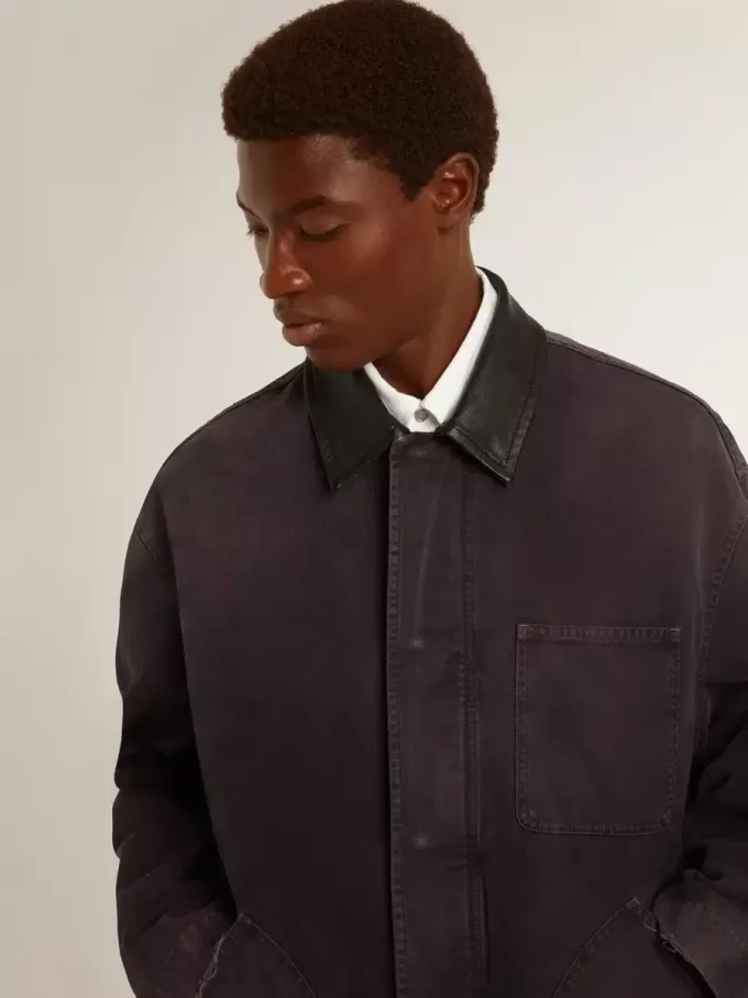 Giacca in denim da uomo con dettagli consumati e collo in pelle Giacca in denim da uomo con dettagli consumati e collo in pelle