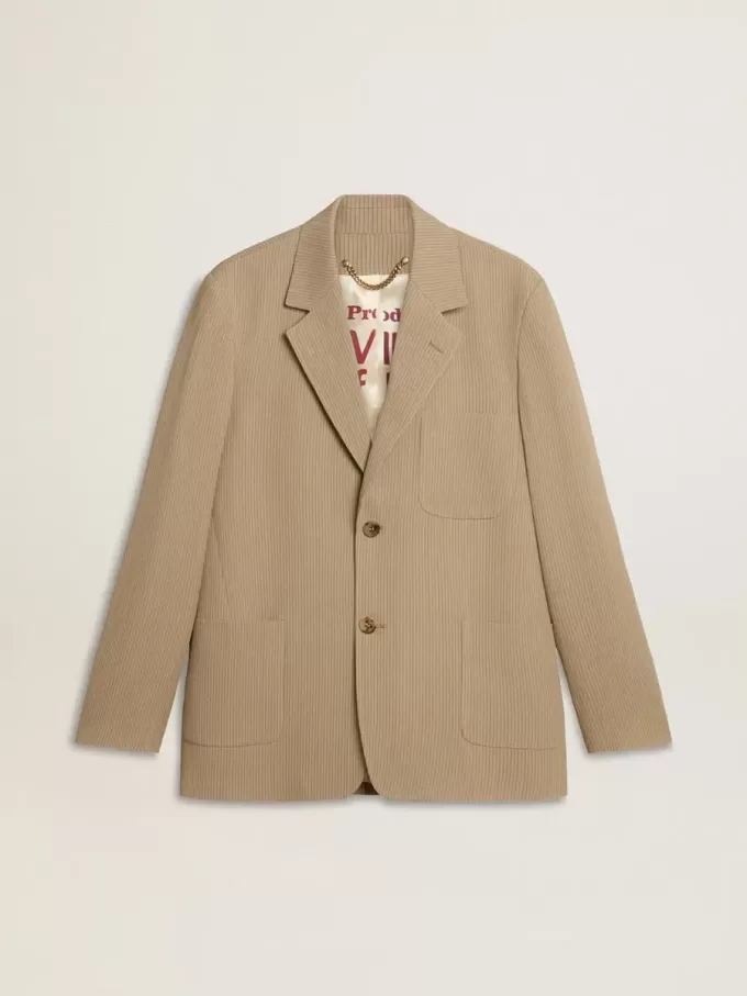 Giacca monopetto da uomo beige gessata con vestibilità oversize Giacca monopetto da uomo beige gessata con vestibilità oversize