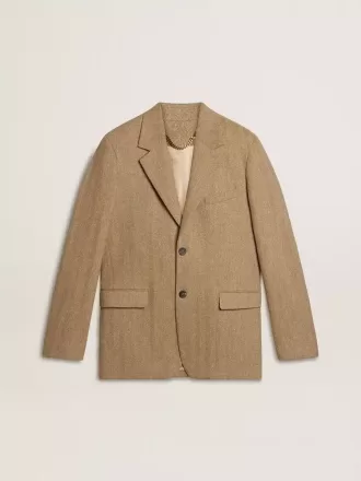 Giacca monopetto da uomo in misto lino chevron color sabbia.