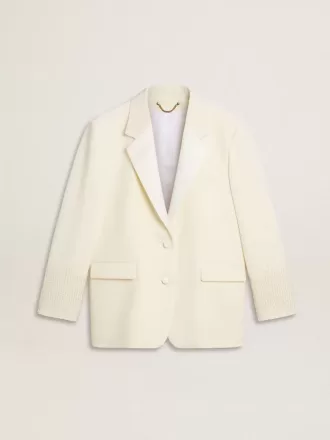 Giacca oversize monopetto bianca con effetto seta e ricami