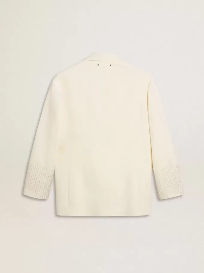 Giacca oversize monopetto bianca con effetto seta e ricami