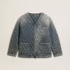 Giacca trapuntata da donna in denim di cotone blu con finitura effetto consumato Giacca trapuntata da donna in denim di cotone blu con finitura effetto consumato