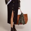 Gonna a tubino da donna in lana blu scuro con bottoni araldici dorati