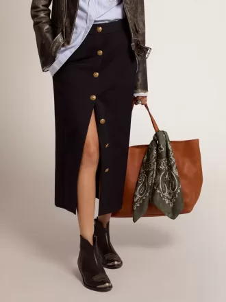 Gonna a tubino da donna in lana blu scuro con bottoni araldici dorati