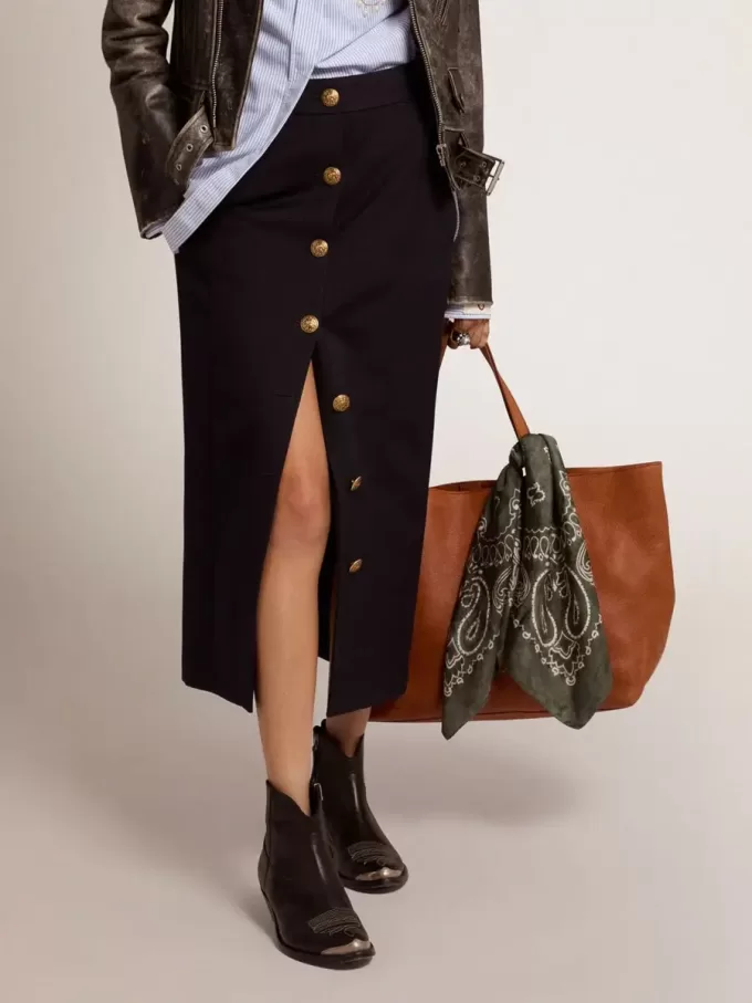 Gonna a tubino da donna in lana blu scuro con bottoni araldici dorati