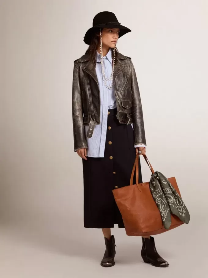 Gonna a tubino da donna in lana blu scuro con bottoni araldici dorati