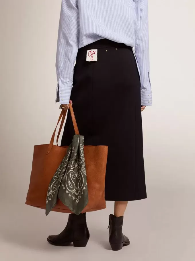 Gonna a tubino da donna in lana blu scuro con bottoni araldici dorati