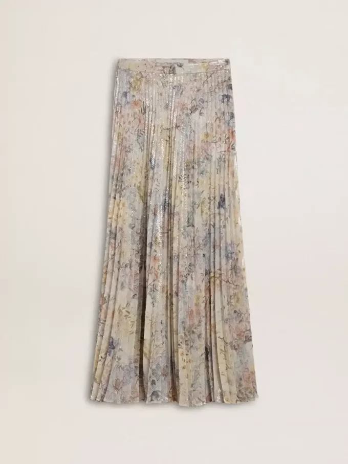 Gonna lunga a pieghe da donna con stampa floreale multicolore in paillettes