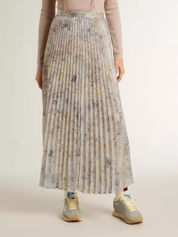 Gonna lunga a pieghe da donna con stampa floreale multicolore in paillettes