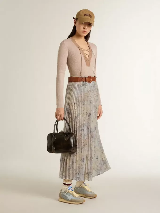 Gonna lunga a pieghe da donna con stampa floreale multicolore in paillettes