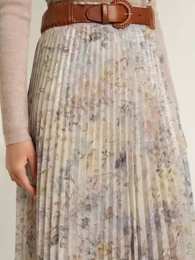 Gonna lunga a pieghe da donna con stampa floreale multicolore in paillettes