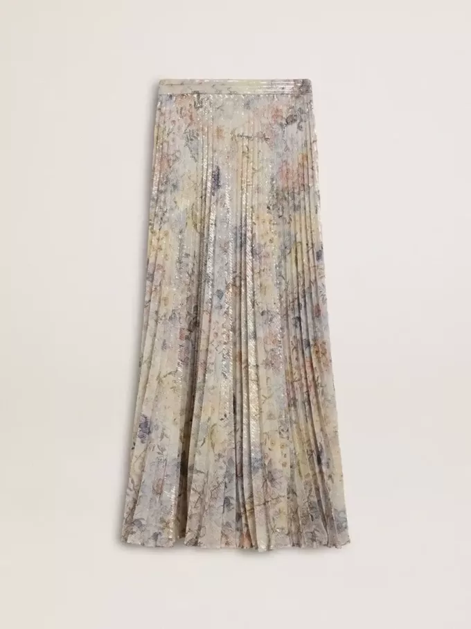 Gonna lunga a pieghe da donna con stampa floreale multicolore in paillettes