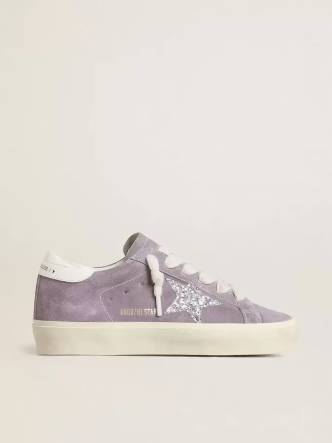 Hi Star da donna in pelle scamosciata viola con stella glitterata argento Hi Star da donna in pelle scamosciata viola con stella glitterata argento