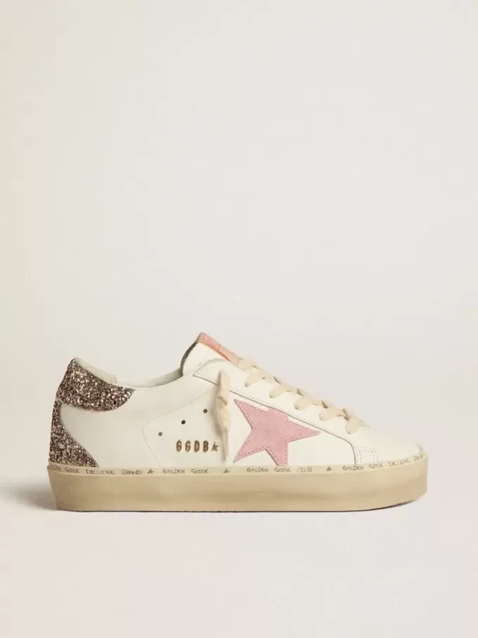 Hi Star in pelle bianca con stella in pelle scamosciata rosa e tallone con glitter rosa Hi Star in pelle bianca con stella in pelle scamosciata rosa e tallone con glitter rosa