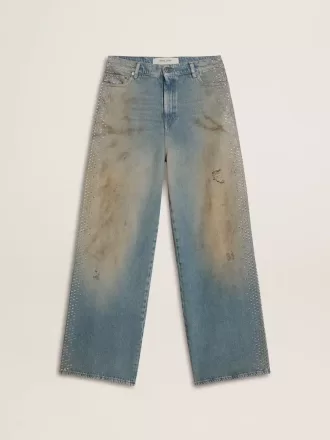 Jeans boyfriend da donna con effetto vissuto, lavaggio sabbia e borchie
