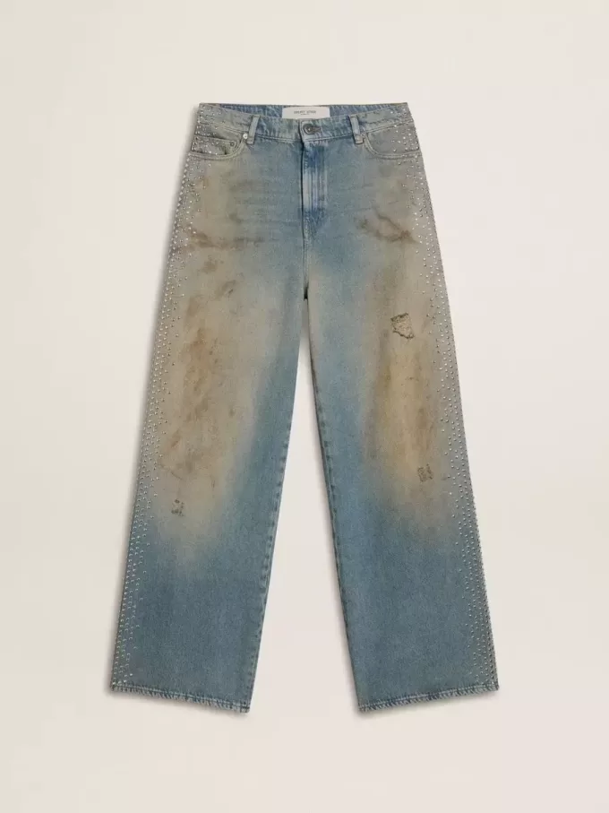 Jeans boyfriend da donna con effetto vissuto, lavaggio sabbia e borchie