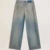 Jeans boyfriend da donna con effetto vissuto, lavaggio sabbia e borchie