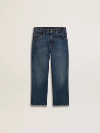 Jeans da bambino in denim con bordi grezzi e ricami