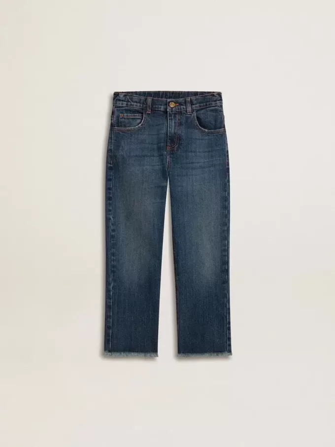 Jeans da bambino in denim con bordi grezzi e ricami