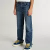 Jeans da bambino in denim con bordi grezzi e ricami