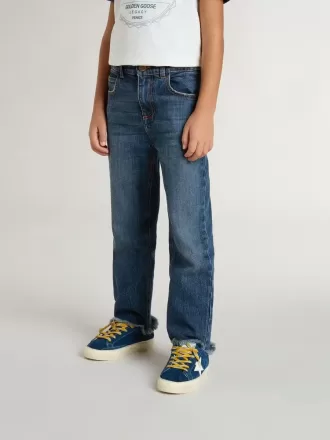 Jeans da bambino in denim con bordi grezzi e ricami