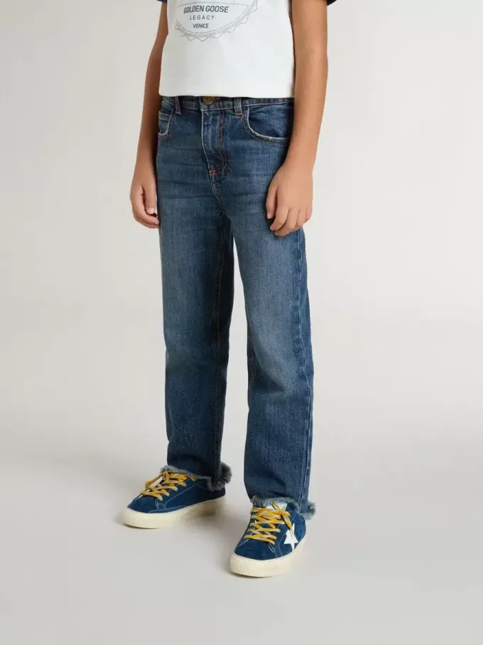 Jeans da bambino in denim con bordi grezzi e ricami