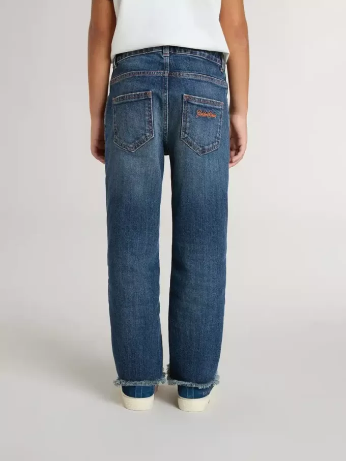 Jeans da bambino in denim con bordi grezzi e ricami