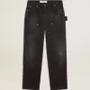 Jeans da donna in cotone nero effetto consumato con toppe frontali
