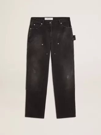 Jeans da donna in cotone nero effetto consumato con toppe frontali