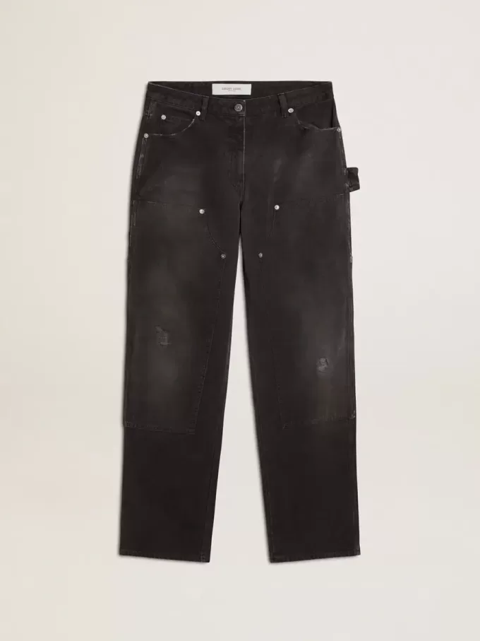 Jeans da donna in cotone nero effetto consumato con toppe frontali