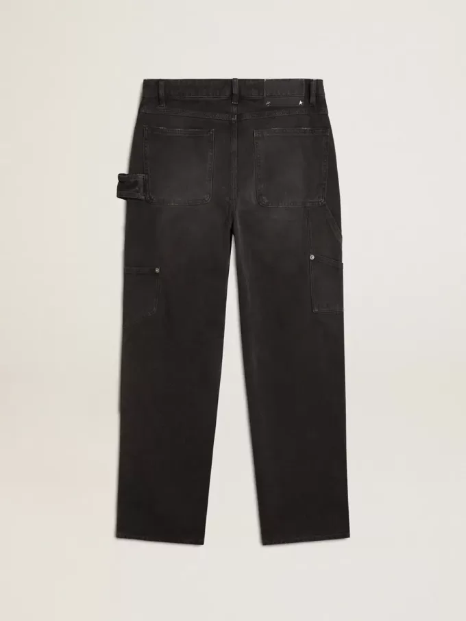 Jeans da donna in cotone nero effetto consumato con toppe frontali