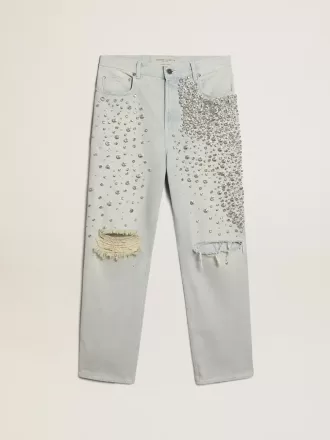 Jeans da donna sbiancati con cristalli cabochon