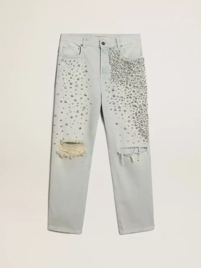 Jeans da donna sbiancati con cristalli cabochon