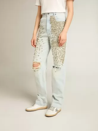 Jeans da donna sbiancati con cristalli cabochon