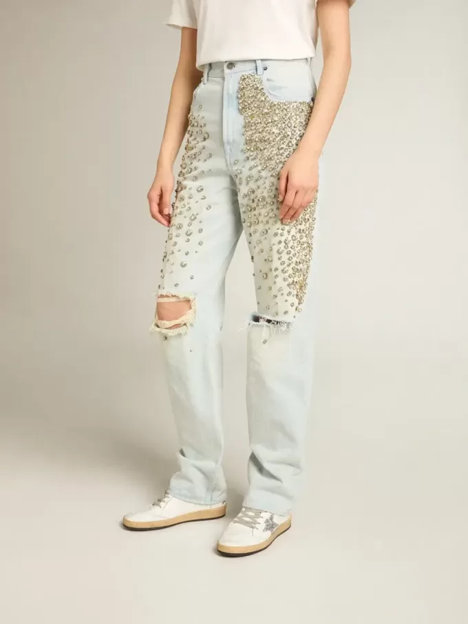 Jeans da donna sbiancati con cristalli cabochon
