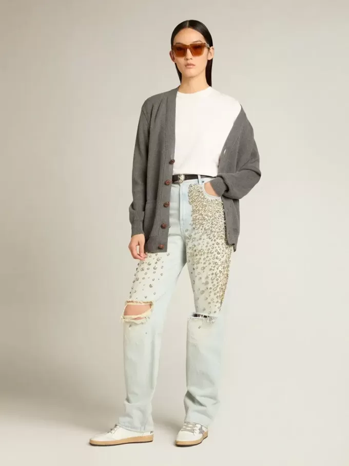 Jeans da donna sbiancati con cristalli cabochon